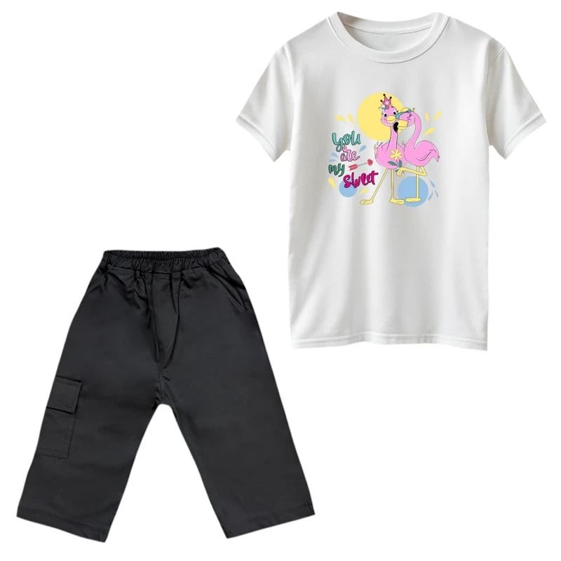 ست تی‌شرت و شلوارک دخترانه مدل فلامینگو رنگ سفید 