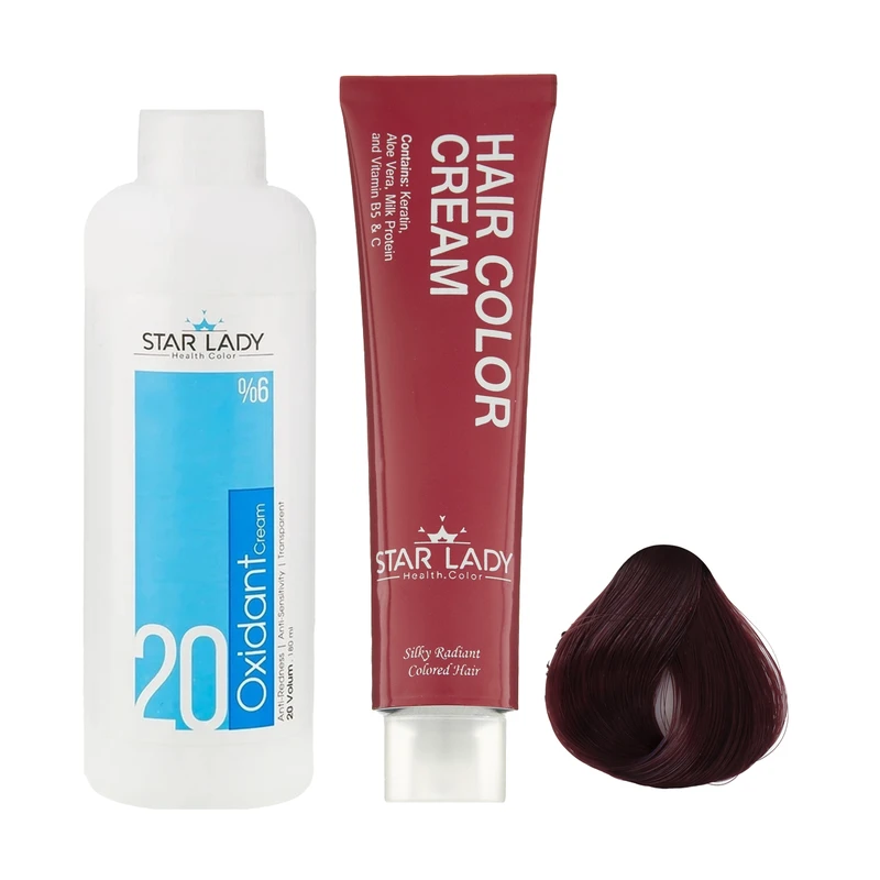 رنگ مو استارلیدی شماره 5.6 حجم 120 میلی لیتر رنگ ماهگونی تیره به همراه اکسیدان استارلیدی مدل 20 شش درصدی حجم 180 میلی لیتر