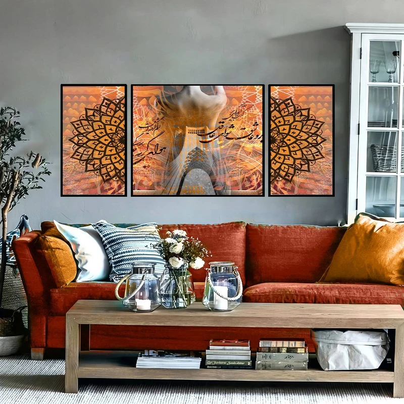 تابلو ساده بکلیت طرح مدرن دیجیتال آرت مدل شاین اکلیلی B-2907 فریم مشکی مجموعه 3 عددی