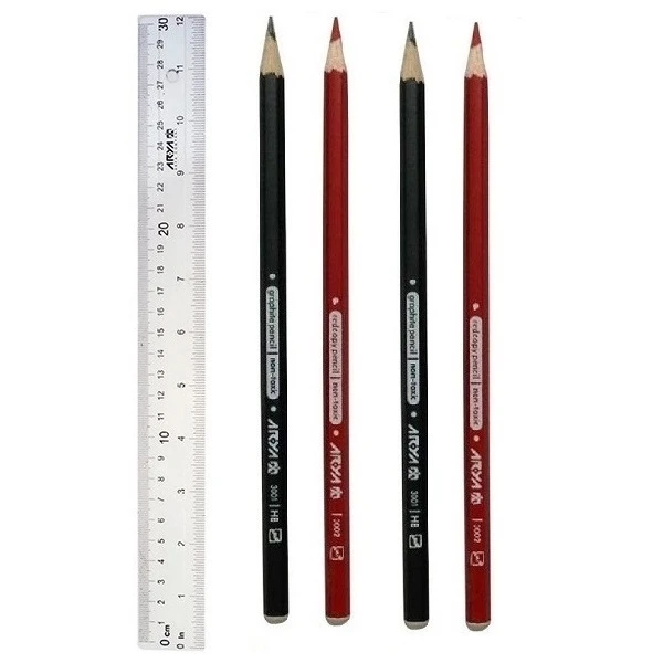 مداد قرمز آریا مدل رنگین به همراه مداد مشکی و خط کش مجموعه 5 عددی