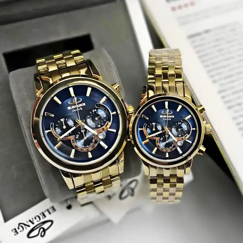 ست ساعت مچی عقربه ای زنانه و مردانه الگانس مدل سه موتور فعال کورنوگراف