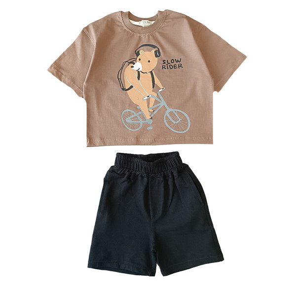 ست تی شرت و شلوارک بچگانه مدل خرس دوچرخه ای