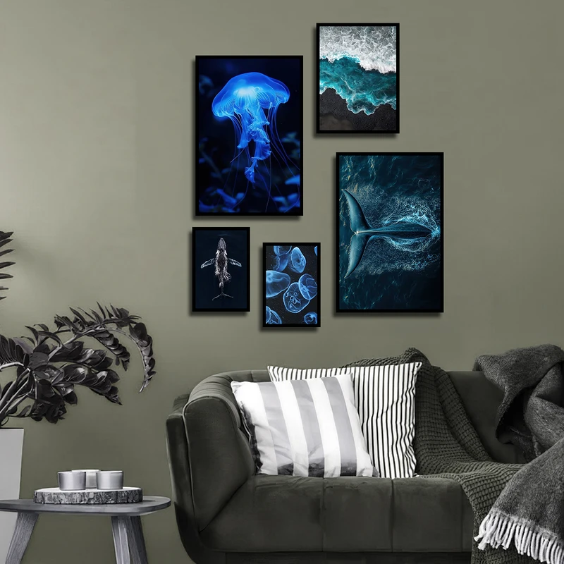 تابلو بکلیت طرح طبیعت دریا و عروس دریایی مدل B-3331 فریم مشکی مجموعه 5 عددی