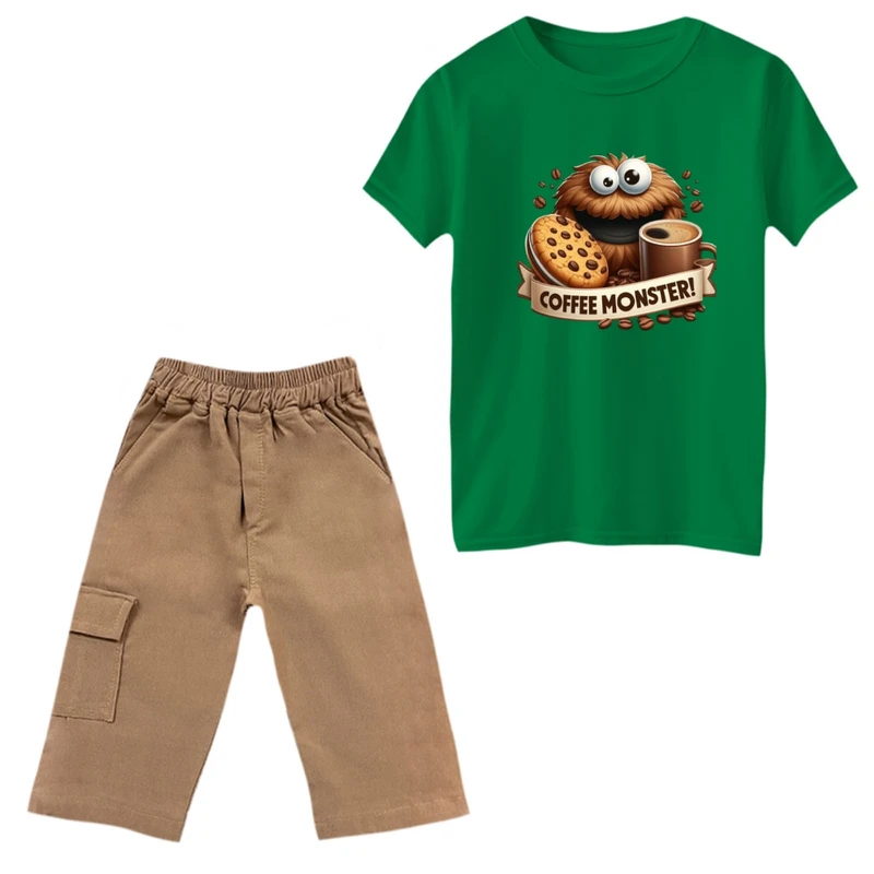 ست تی‌شرت و شلوارک پسرانه مدل قهوه و هیولا