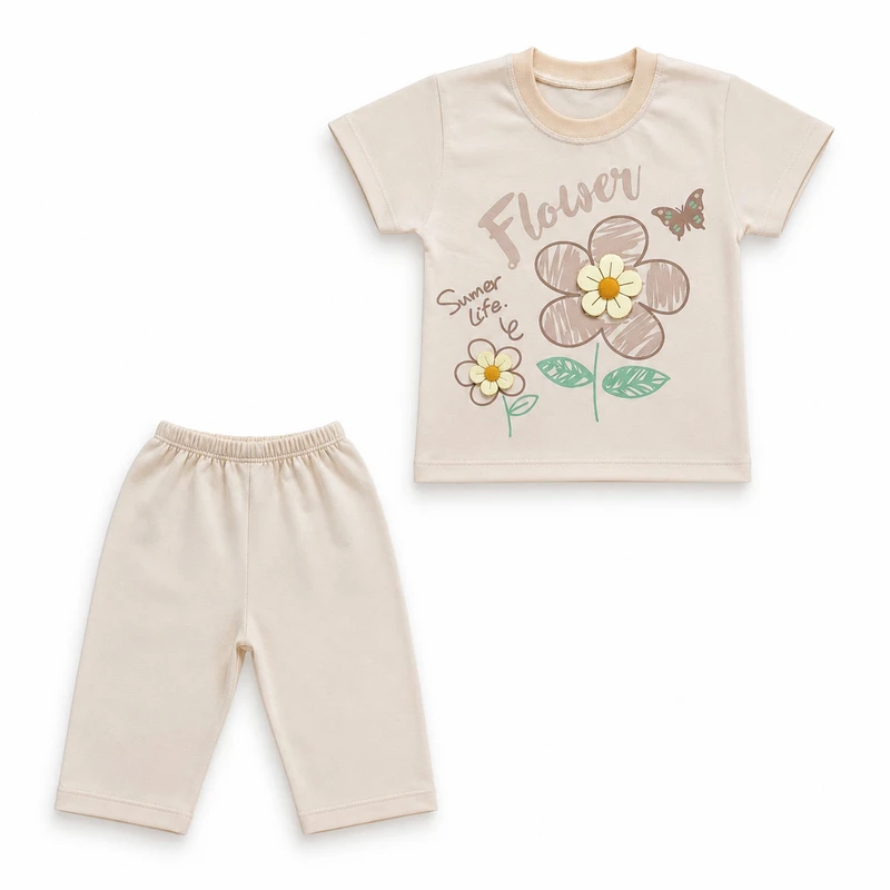 ست تی‌ شرت و شلوارک راحتی دخترانه مدل گل Summer 01