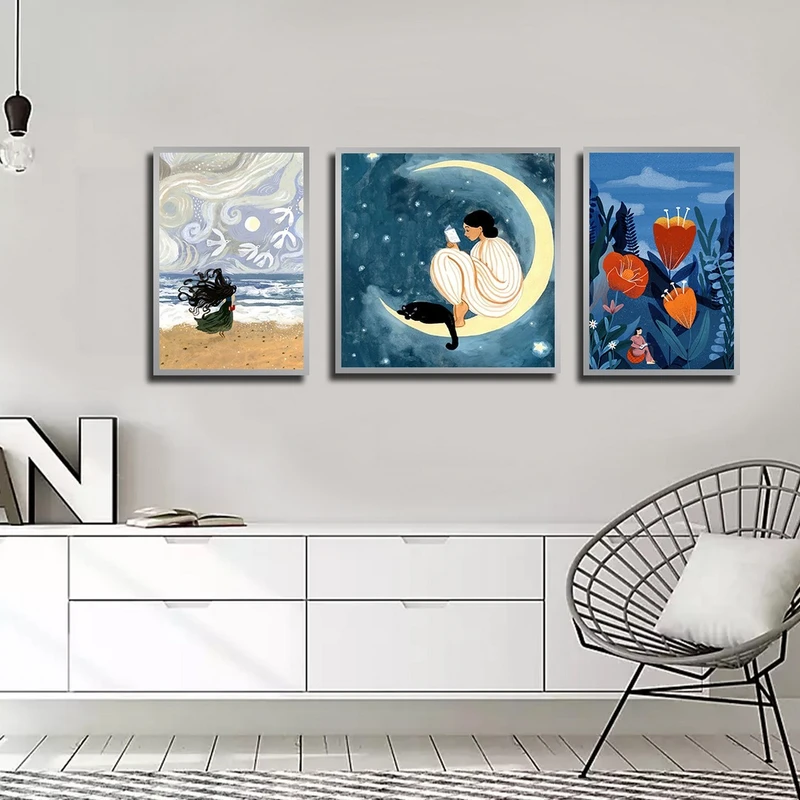 تابلو بکلیت طرح نقاشی مدرن و فانتزی مدل SI-3918 فریم نقره ای مجموعه 3 عددی