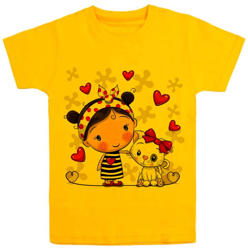 تی شرت آستین کوتاه دخترانه مدل دختروگربه F7 رنگ زرد