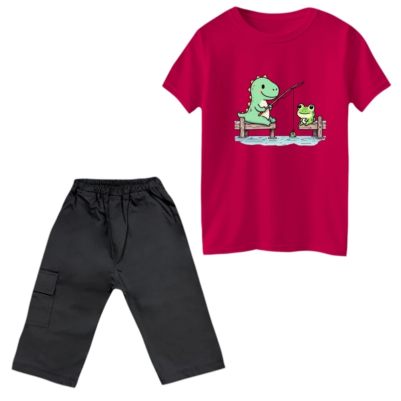 ست تی‌شرت و شلوارک پسرانه مدل دایناسور کد 35