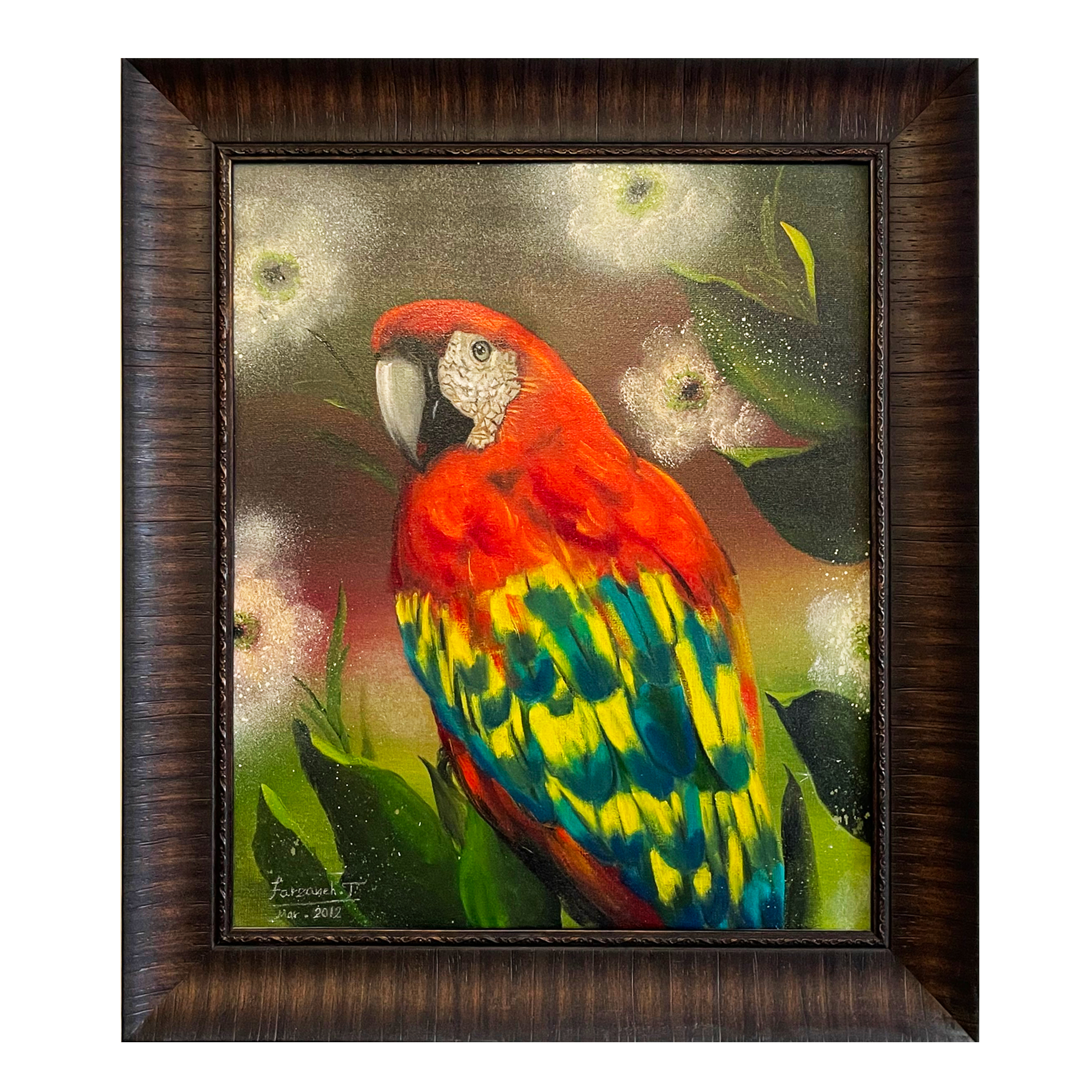 تابلو نقاشی رنگ روغن مدل طوطی و گل