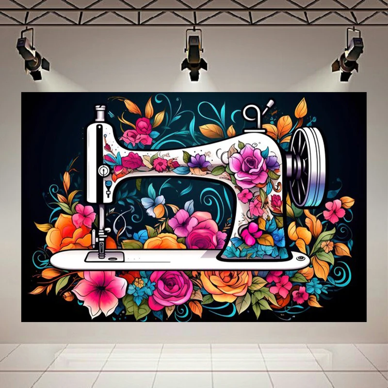  پوستر طرح چرخ خیاطی نوستالژیک مدل گل های رنگارنگ کد PD130358