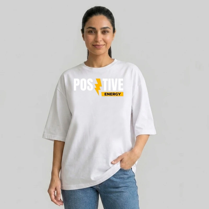 تی شرت آستین سه ربع زنانه مدل باکسی طرح نوشته مثبت کد v19
