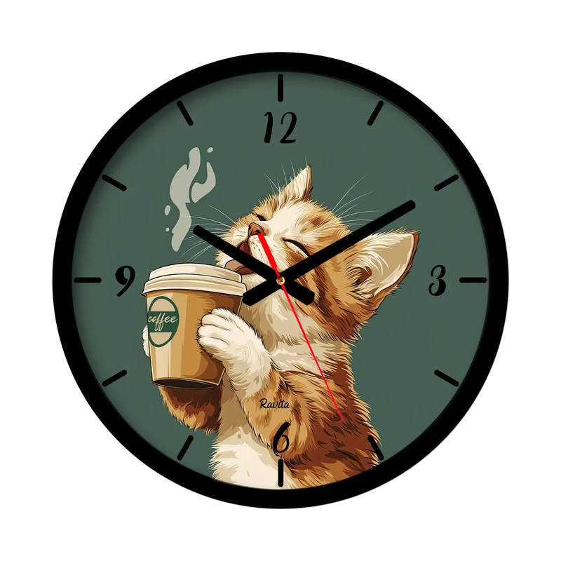 ساعت رومیزی عقربه‌ای راویتا مدل گربه و قهوه کد 3676