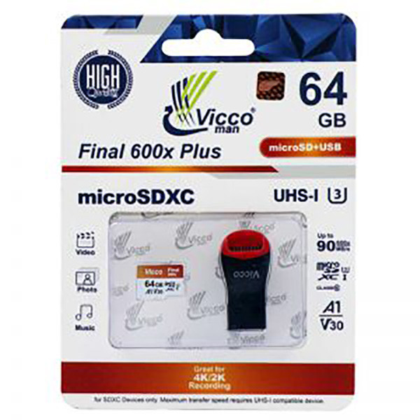 کارت حافظه micro SDXC ویکومن مدل 600X Plus کلاس 10 استاندارد UHS-I U3 سرعت 90MBs ظرفیت 64 گیگابایت به همراه کارت خوان