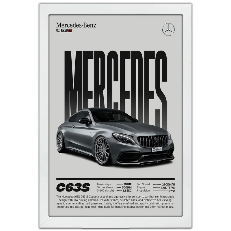 تابلو بکلیت طرح ماشین و خودرو مرسدس بنز Mercedes-Benz AMG C63 S مدل W-po1731 فریم سفید