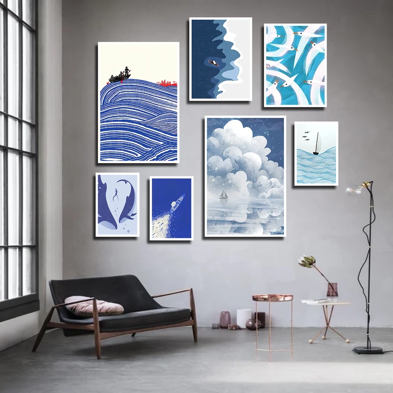 تابلو بکلیت طرح نقاشی دریا و قایق مدل W-3469 فریم سفید مجموعه 7 عددی