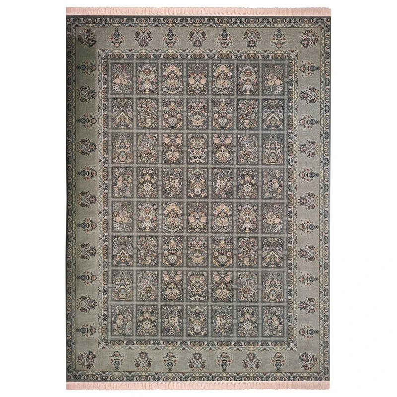 فرش ماشینی 700شانه زمرد مشهد طرح خشتی زمینه دودی