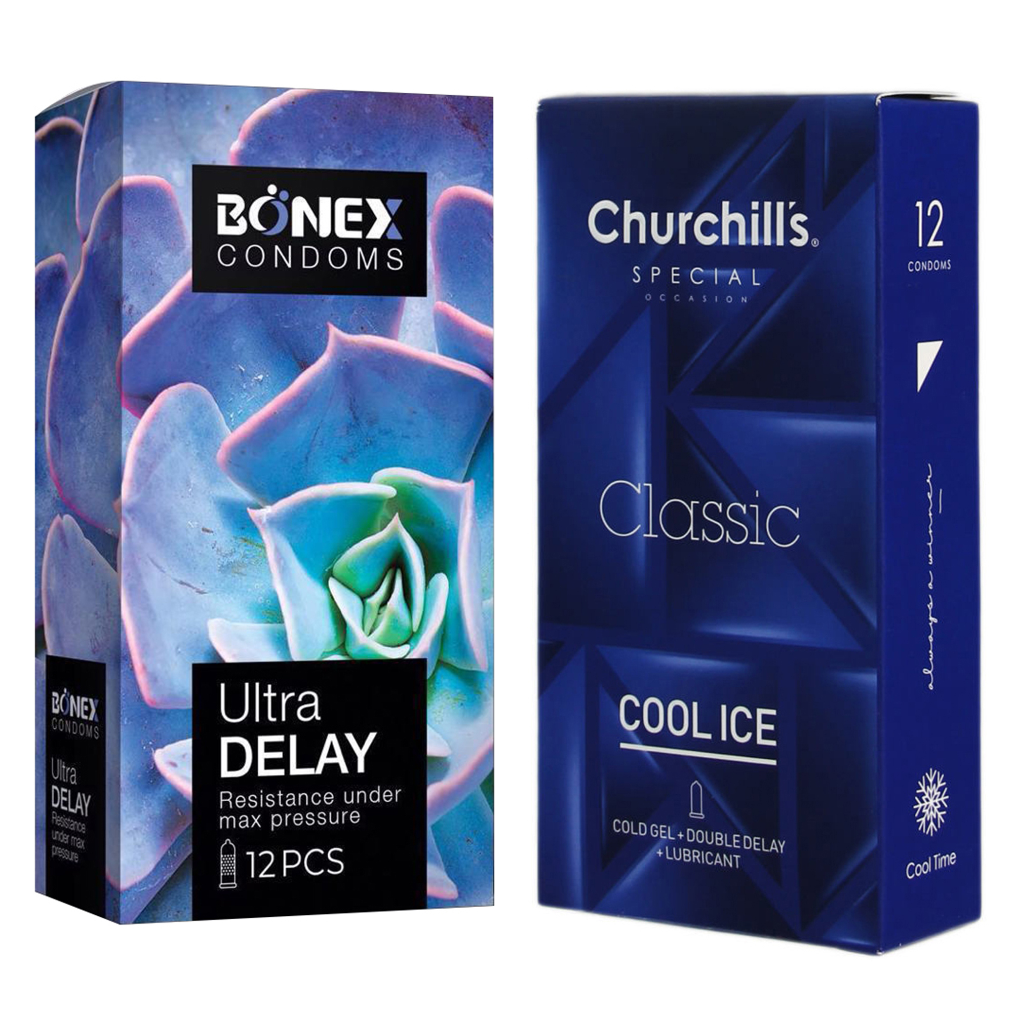 کاندوم چرچیلز مدل Cool Ice بسته 12 عددی به همراه کاندوم بونکس مدل Ultra Delay بسته 12 عددی 