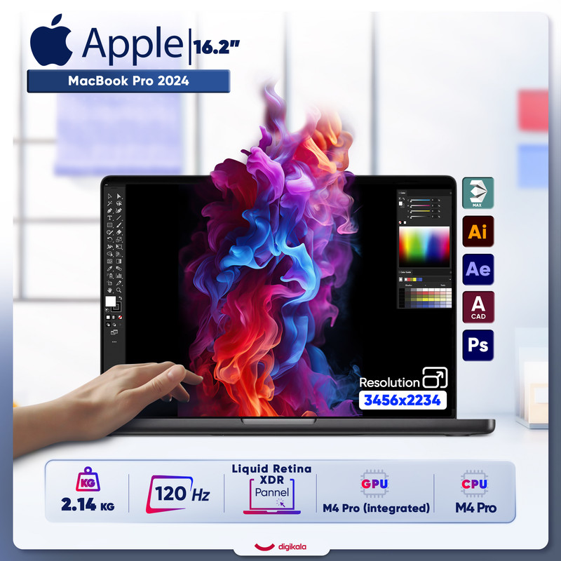 عکس لپ تاپ 16.2 اینچی اپل مدل MacBook Pro MX2X3 2024 LLA-M4 Pro-24GB RAM-512GB SSD-Retina 120Hz — زاویه و جزئیات 15