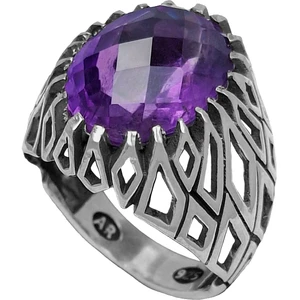 انگشتر نقره آمیتیست مردانه مدل فنسی-کات رکاب شبکه لوزی