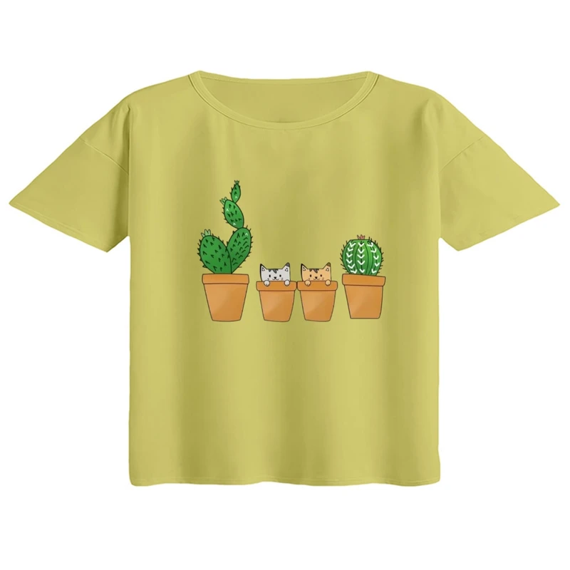 کراپ تی‌شرت آستین کوتاه زنانه مدل کاکتوس و گربه رنگ لیمویی