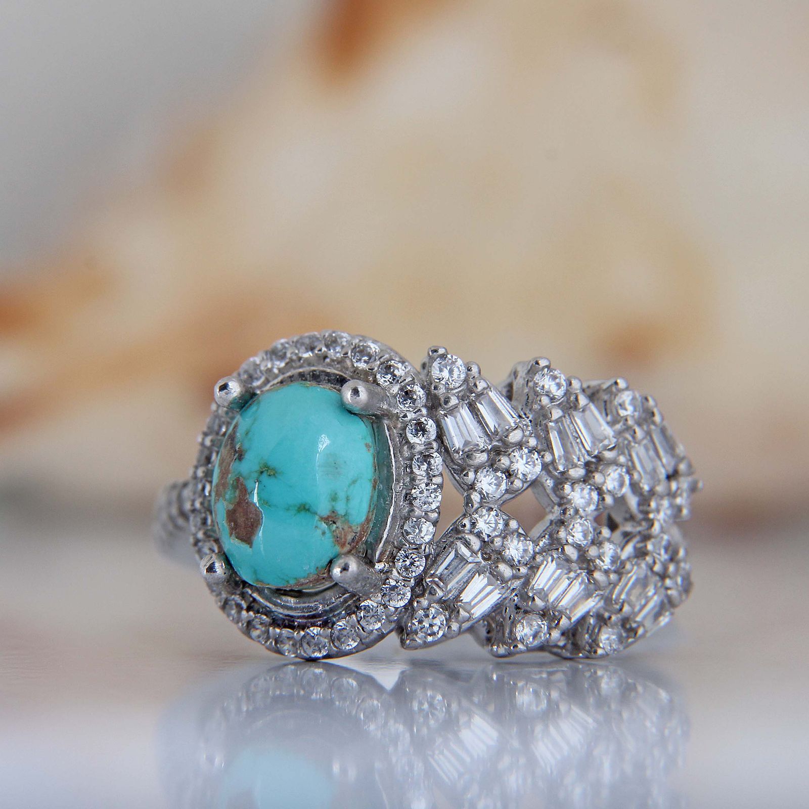 انگشتر نقره زنانه مدل فیروزه نیشابور مخراج برلیان آبکاری رادیوم کد AWR_1650 - - 2