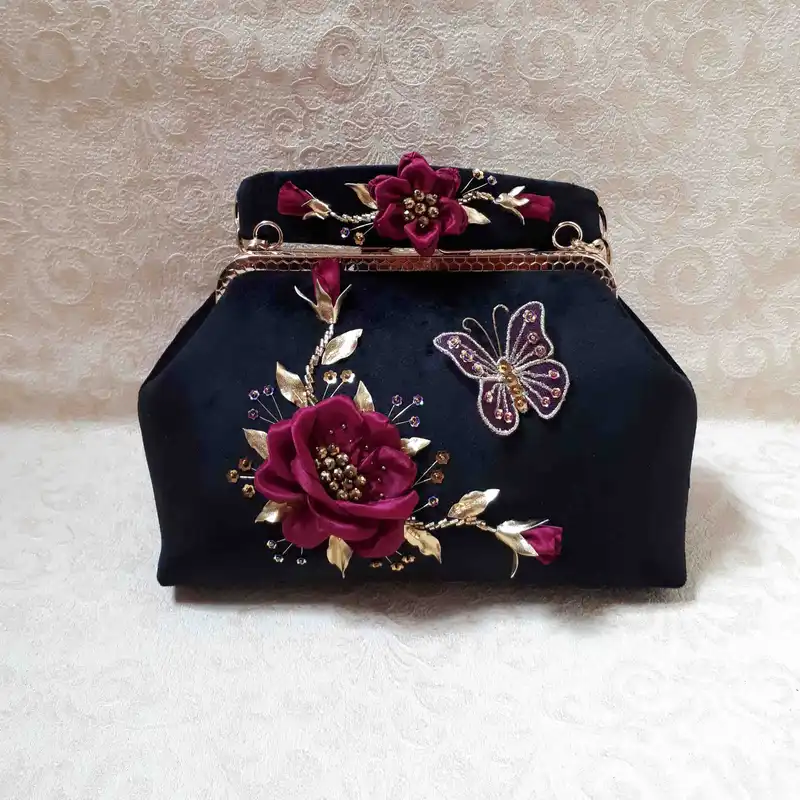 کیف مجلسی زنانه مدل روباندوزی پروانه سه بعدی استامپ ورک