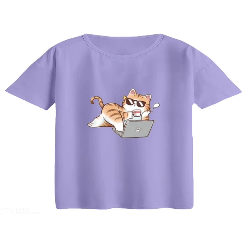 کراپ تی‌شرت آستین کوتاه زنانه مدل گربه و لپ تاپ