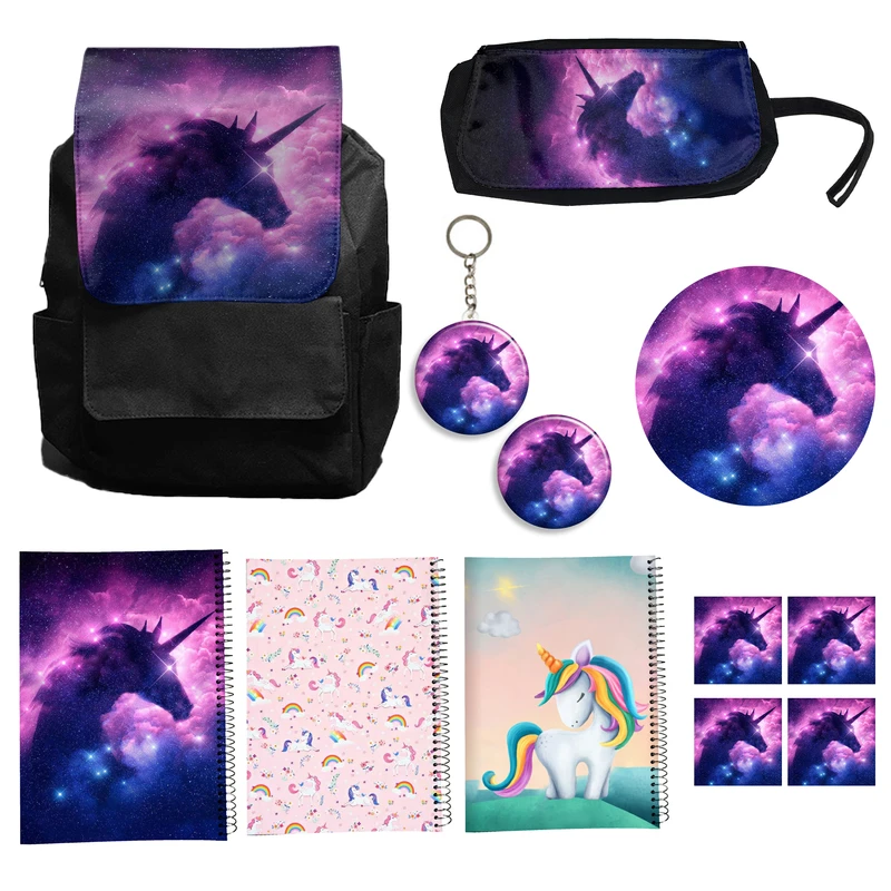 کوله پشتی مدل یونیکورن تک شاخ کد A8 Unicorn به همراه دفتر مشق و جامدادی و زیر لیوانی و جاکلیدی مجموعه 12 عددی