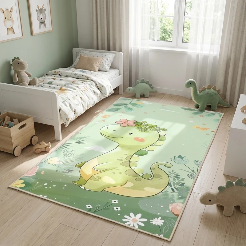 فرش ماشینی 1000 شانه زمینه سبز حاشیه سبز مدل اورکوم چاپ بدون پرز طرح اتاق کودک کد kids.9002.01