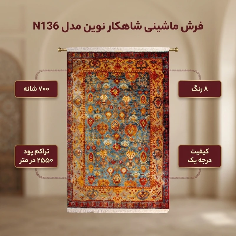 عکس شماره 2 : فرش ماشینی 700 شانه زمینه آبی حاشیه قرمز لاکی مدل شاهکار نوين کد n136