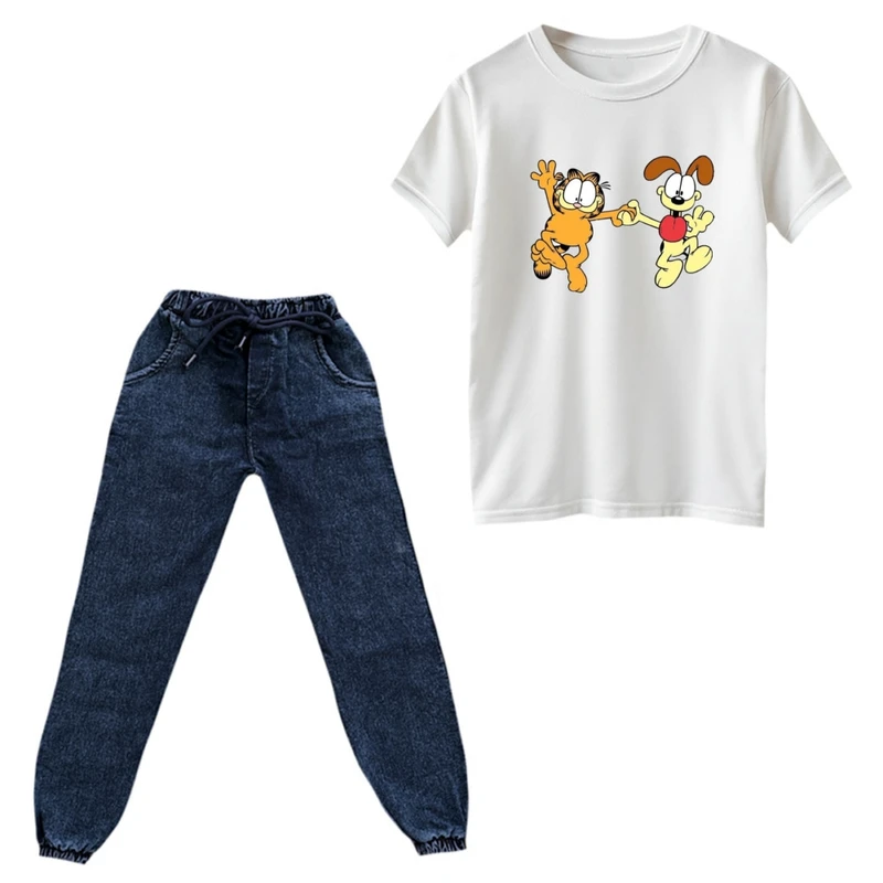 ست تی‌شرت و شلوار پسرانه مدل گارفیلد کد 16 رنگ سفید