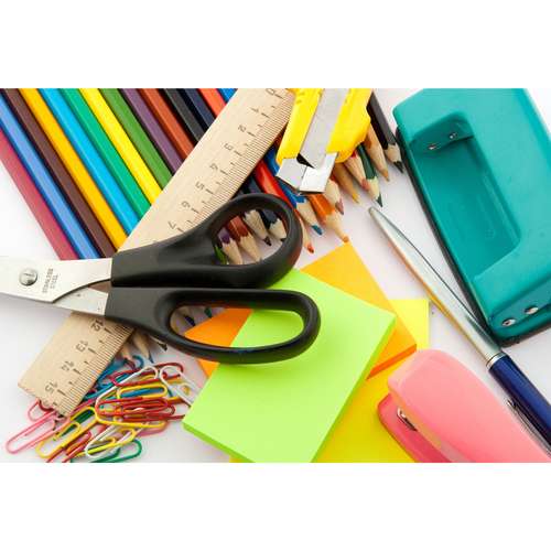 تابلو شاسی مدل برگه و قیچی و مداد رنگی و دستگاه پانچ و خط کش و منگه و گیره T6955