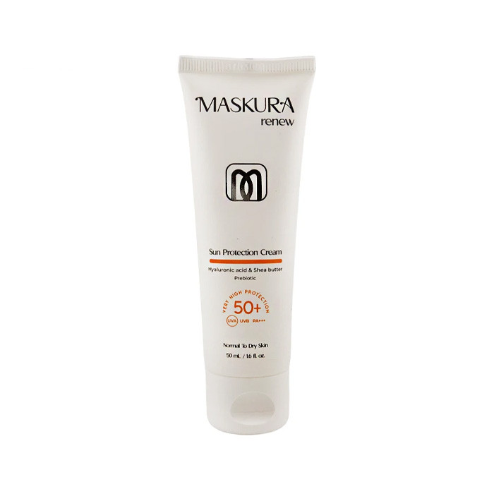  کرم ضد آفتاب بی رنگ ماسکورا SPF 50 مدل Hyaluronic Acid Shea Butter Prebiotic محافظ در برابر UVA و UVB مناسب برای پوست خشک و معمولی حجم 50 میلی لیتر