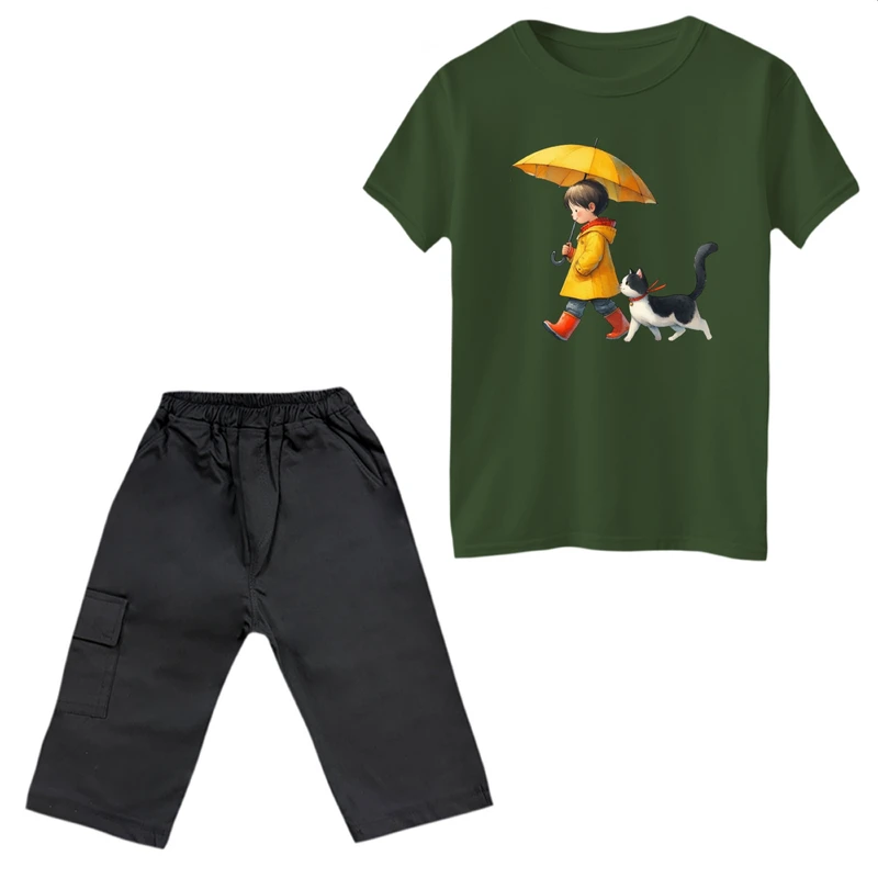 ست تی‌شرت آستین کوتاه و شلوارک دخترانه مدل دخترک و گربه کد 2