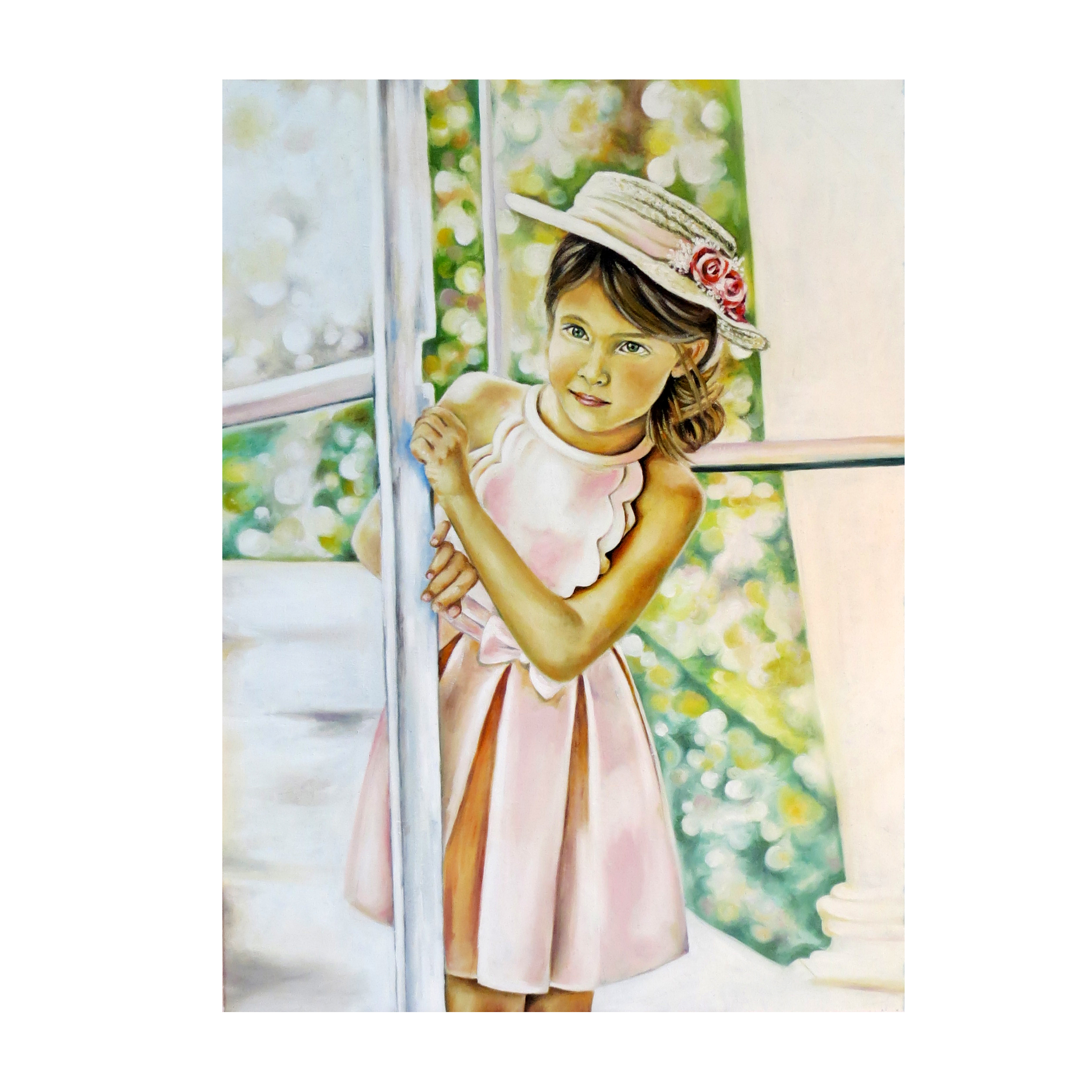 تابلو نقاشی رنگ روغن مدل دختر بچه لباس صورتی کد 14