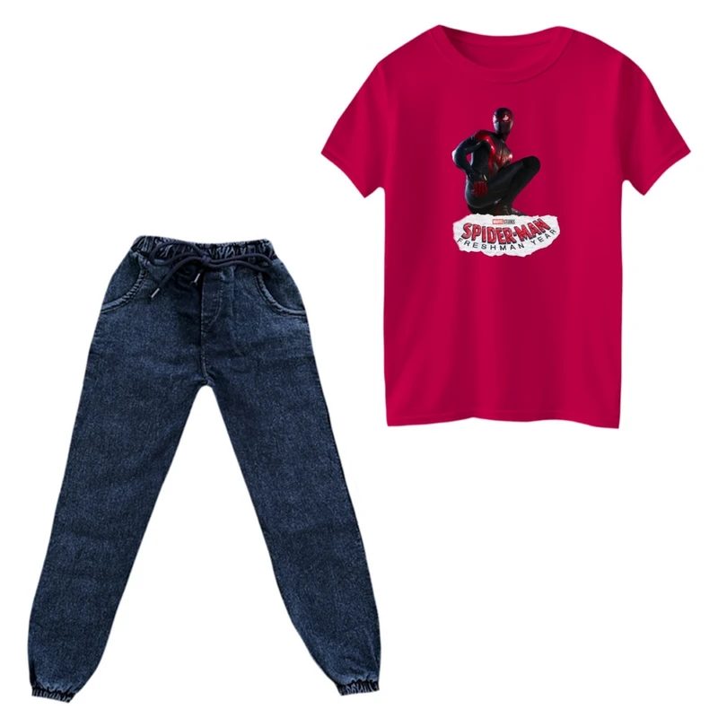 ست تی‌شرت و شلوار پسرانه مدل مرد عنکبوتی کد ۳۰ رنگ سرخابی