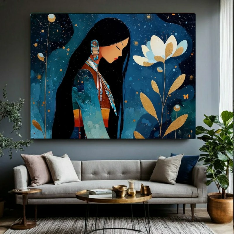  پوستر پارچه ای طرح مخمل بانوی سرخپوست مدل شب پر ستاره کد BK25019