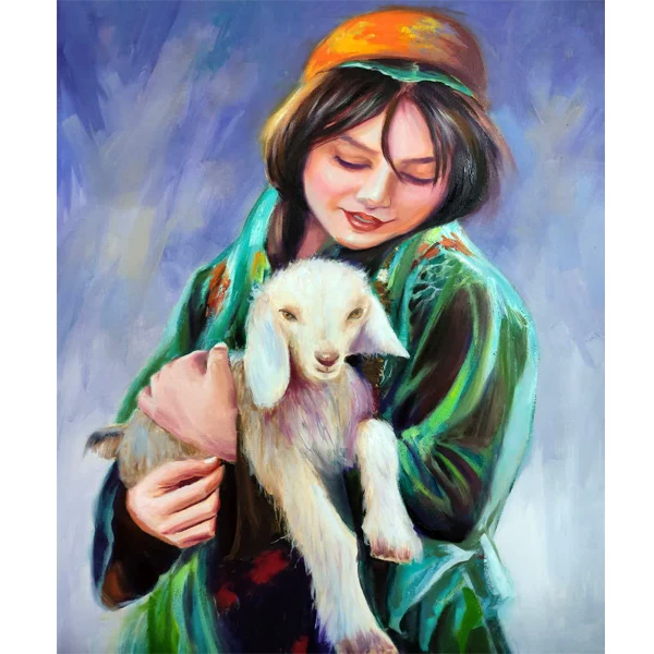 تابلو نقاشی رنگ روغن به سبک رئالیسم طرح دختر عشایر