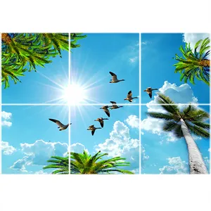 تایل سقفی آسمان مجازی طرح نخل و پرندگان کد ST 1096-6 سایز 60x60 سانتی متر مجموعه 6 عددی 