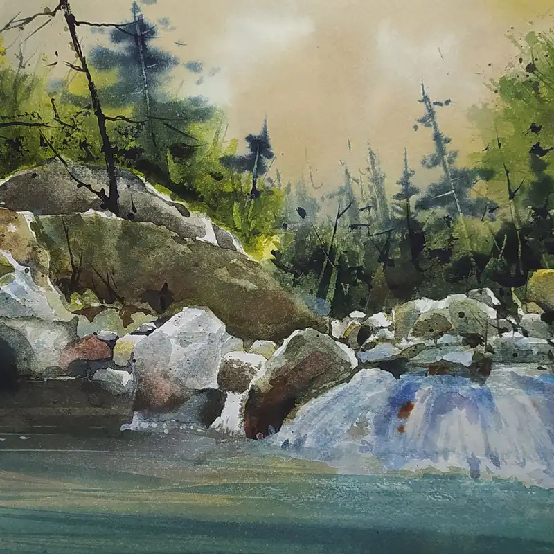 نقاشی آبرنگ طرح رودخانه جنگلی کد 9