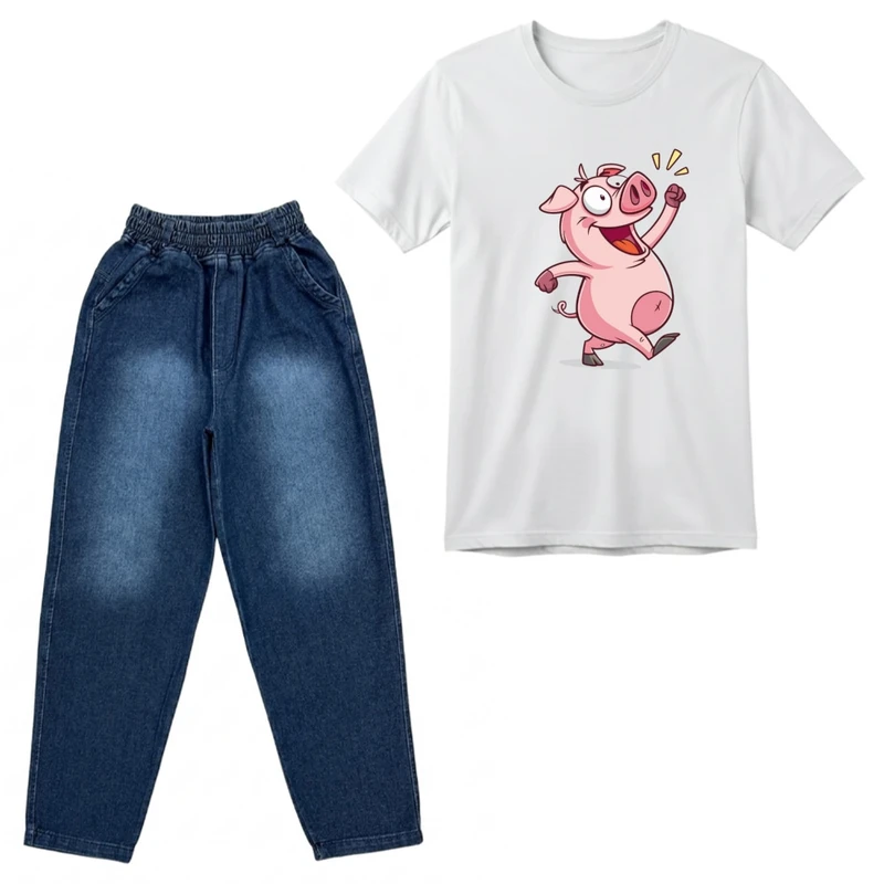 ست تی‌شرت آستین کوتاه و شلوار پسرانه مدل خوک خوشحال 
