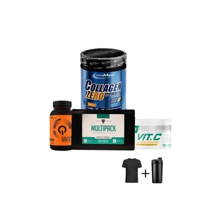 پودر کلاژن زیرو آیرون مکس 250 گرم به همراه کپسول مولتی پک ترک نوتریشن 60 عدد به همراه کپسول کلسیوم منیزیوم و زینک کیو ان تی 60 عدد به همراه پودر ویتامین سی و لیزین ترک نوتریشن 300 گرم با تیشرت و شیکر