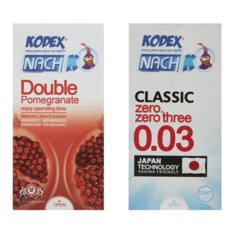 کاندوم کلاسیک ناچ کدکس مدل 0.03 بسته 10 عددی به همراه کاندوم تنگ کننده ناچ کدکس مدل DOUBLE POMEGRANATE بسته 12 عددی