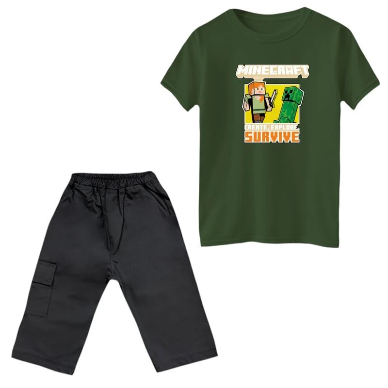 ست تی‌شرت و شلوارک پسرانه مدل ماینکرفت کد 04