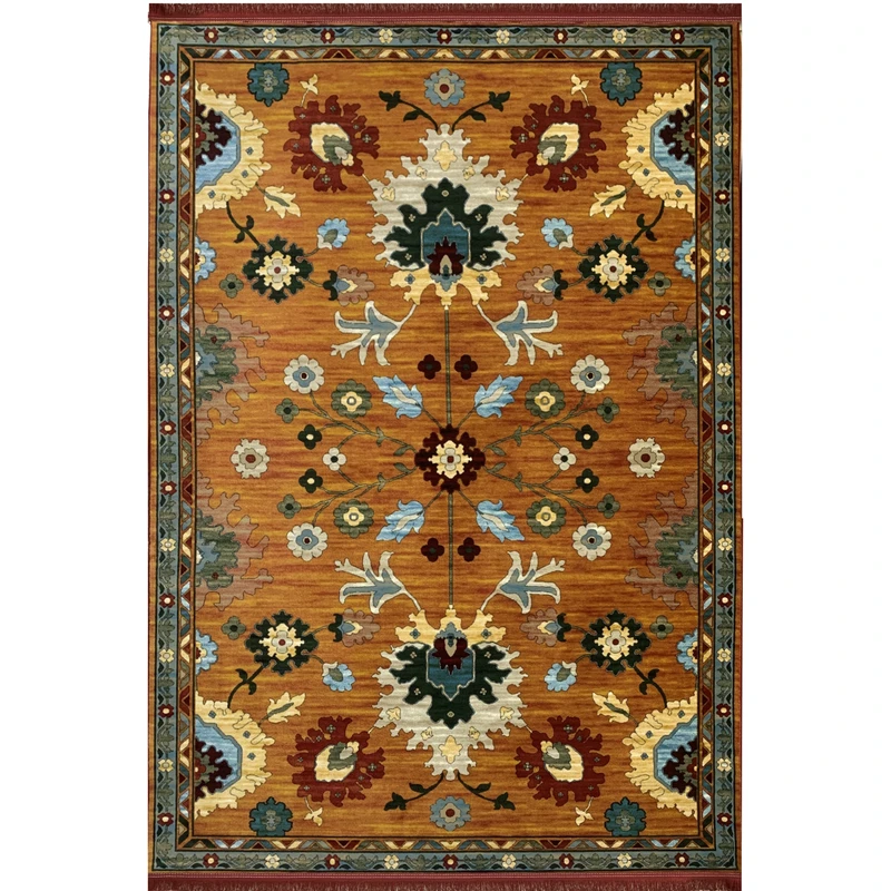 فرش ماشینی 700 شانه لک لک  زمینه نارنجی حاشیه آبی مدل 2017