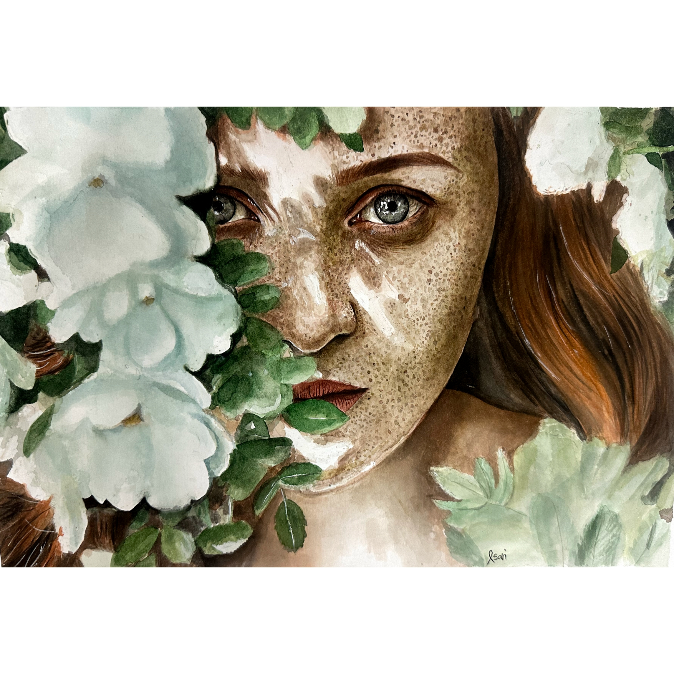نقاشی آبرنگ طرح دختری پشت شکوفه ها