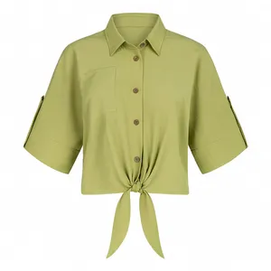 کراپ شومیز آستین سه ربع یقه برگردان زنانه مدل بوخیP4001