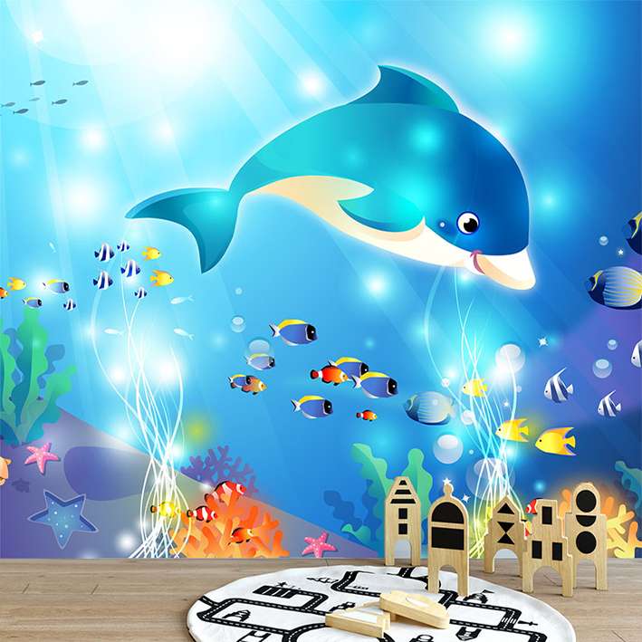 پوستر دیواری اتاق کودک مدل نقاشی دلفین دریا ماهی رنگی DVRF1585