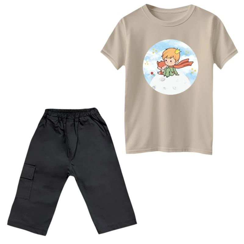 ست تی‌شرت و شلوارک پسرانه مدل شازده کوچولو و روباه کد 8 رنگ کرم