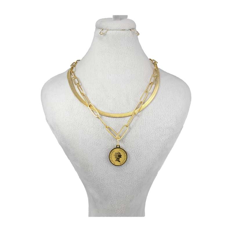 گردنبند زنانه مدل دو لاین زنجیری طرح سکه الیزابت گردنبند زنانه مدل دو لاین زنجیری طرح سکه الیزابت